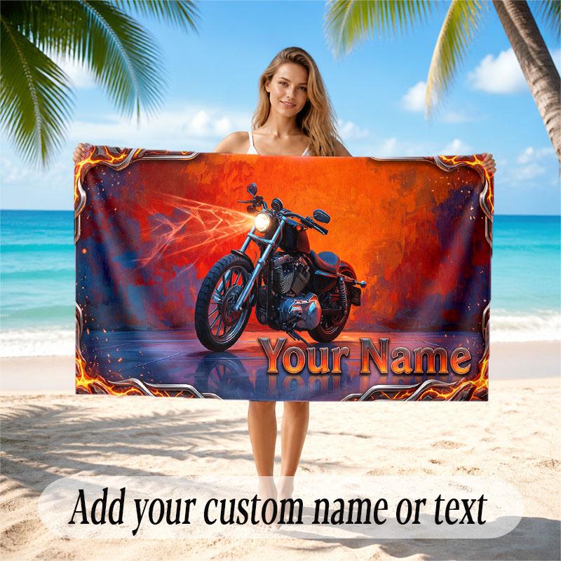 Motorcycle Theme Soft Beach Towel Personalized Custom Name Text Towel Portable for Beach Pool Travel