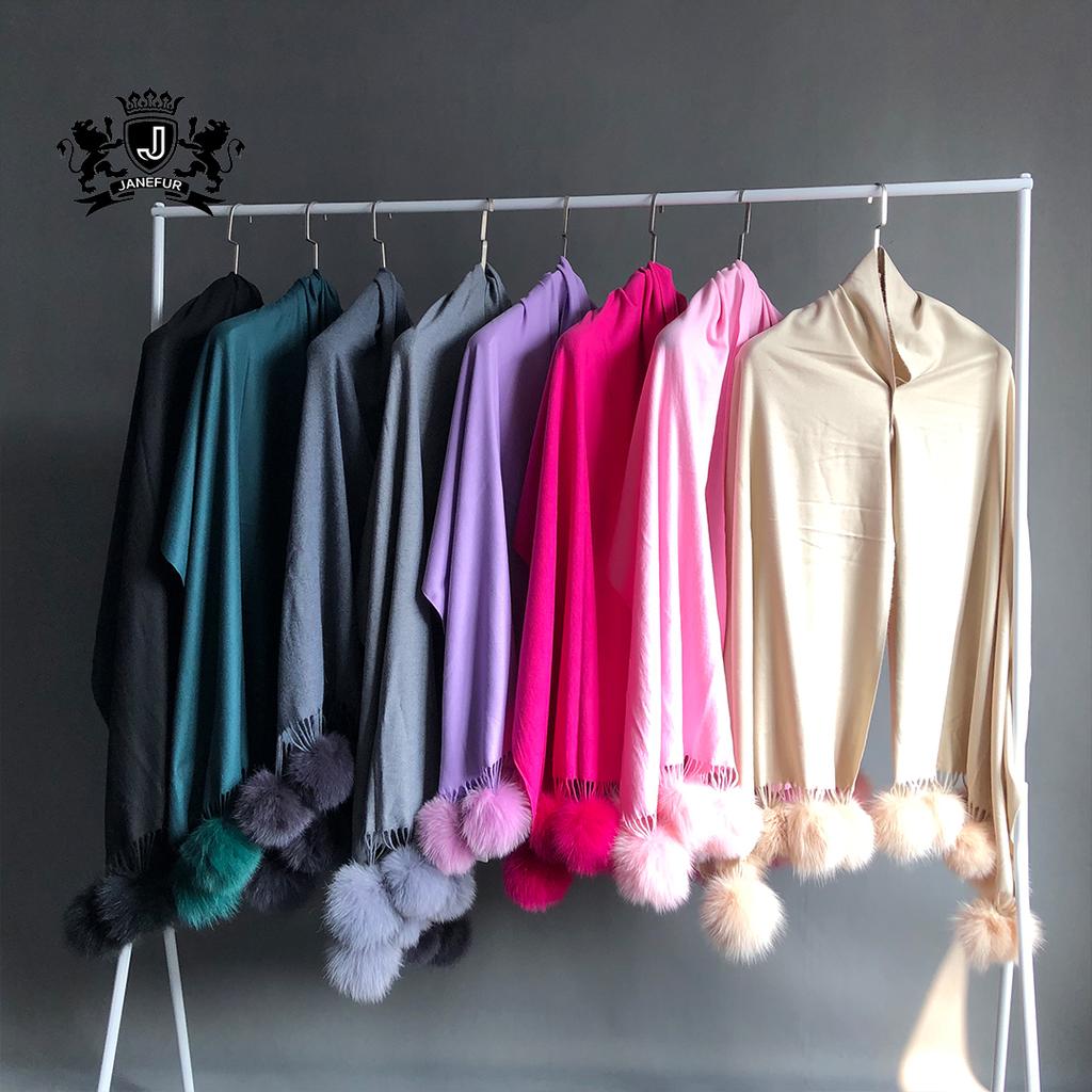 Factory Direct  Pashmina Shawl Women Cashmere Scarf Shawl With Fox Fur Pompoms