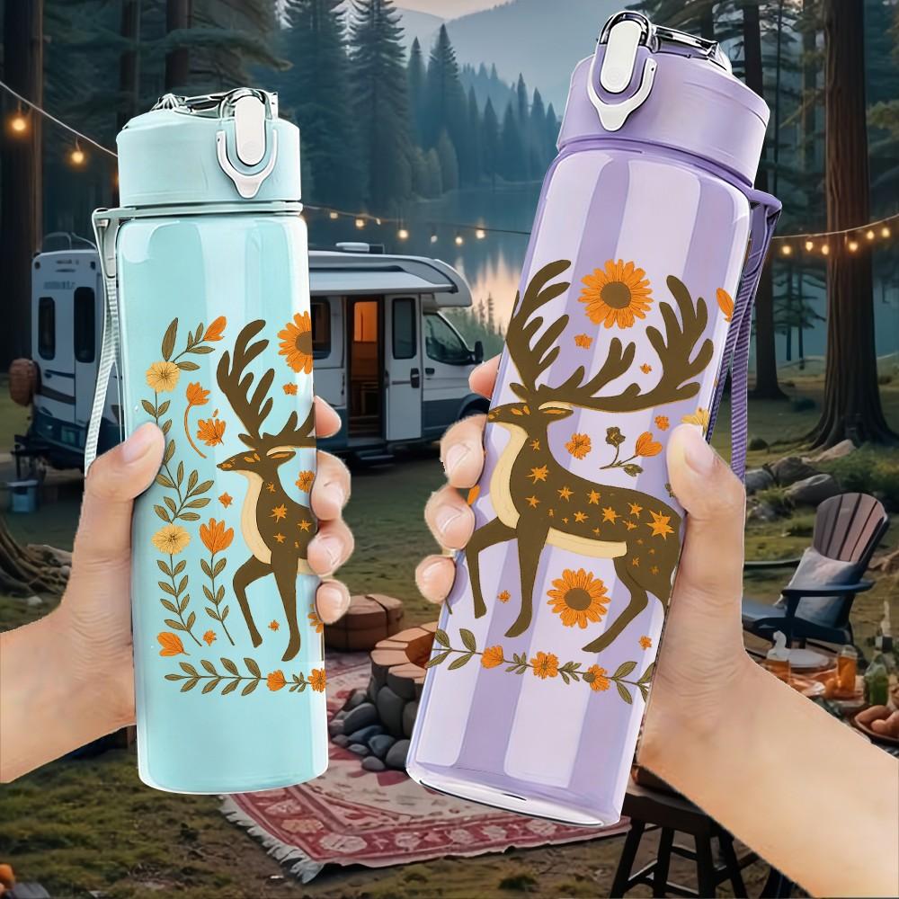 1PC Floral Stag Deer Art 750ml Color Plastic Sports Water Bottle Leakproof Flip Straw Lid Suitable for Sports Office Home Use