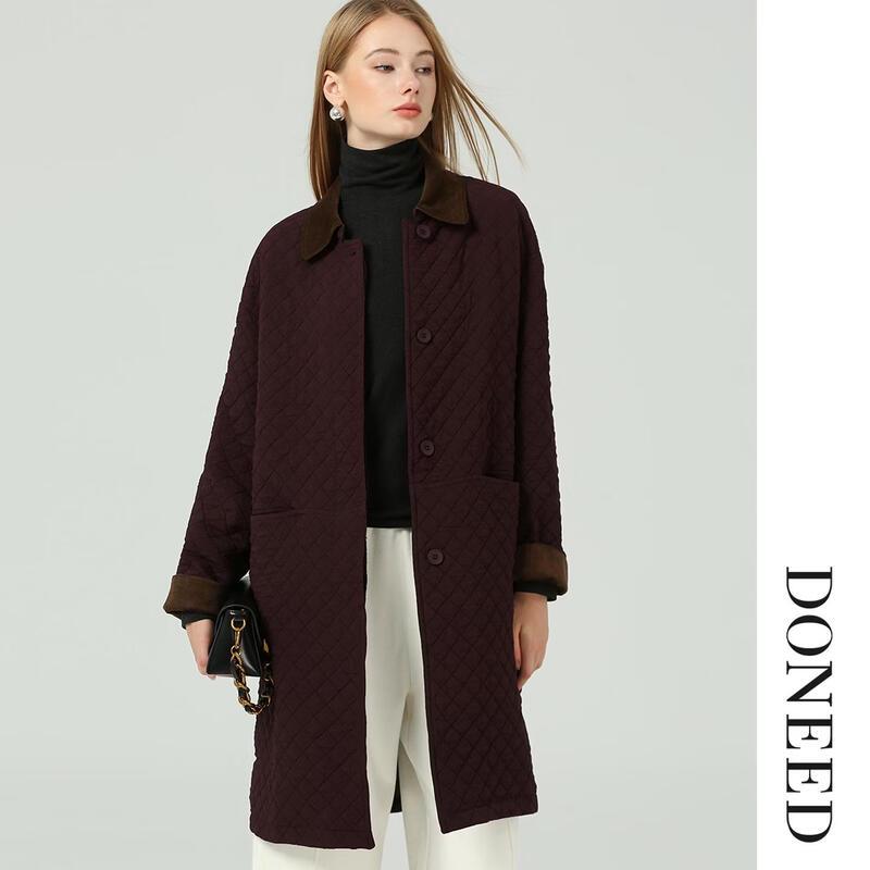 DONEED Vintage Style Color-Block Diamond Quilted Mid-Length Padded Cardigan