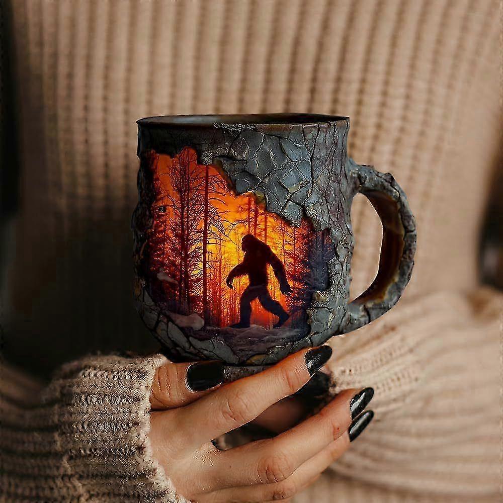 Bigfoot Forest Fire Mug, 3D Vintage Sasquatch Bigfoot Outdoor Coffee Gifts Cup Campfire Mug for Camping Kitchen Cryptid Believers Nature Lovers Mounta