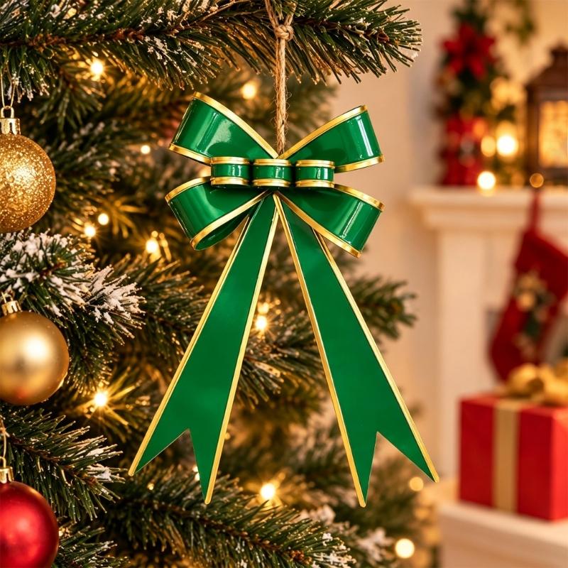 Metal Christmas Bowknot Ornament with Decorative Edging, Notched Bowknot Ends, and Integrated Cord for Party Backrops and Mantels Displays