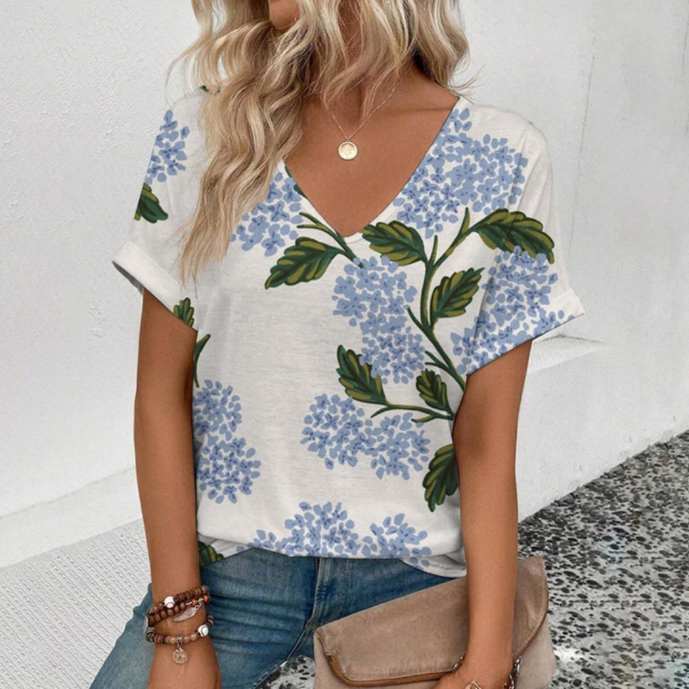 Топ для женщин, летняя женская футболка с V-образным вырезом, футболка с принтом в стиле ретро и цветочным узором, модная женская футболка для отдыха с коротким рукавом