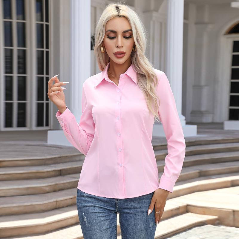 Women's Fashion Long Sleeve Button Up Shirt Solid Spring Red White Top for Women