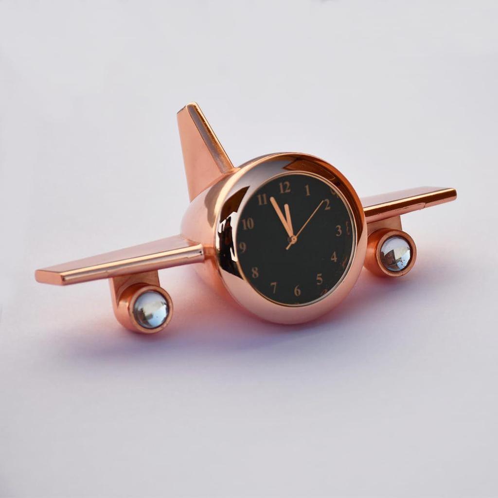 Aeroplane Table Clock Showpiece - Metal Airplane Clock for Office Desk, Study Table - Gift for Men, Women, Boys, Pilot, Airforce Person (Copper)