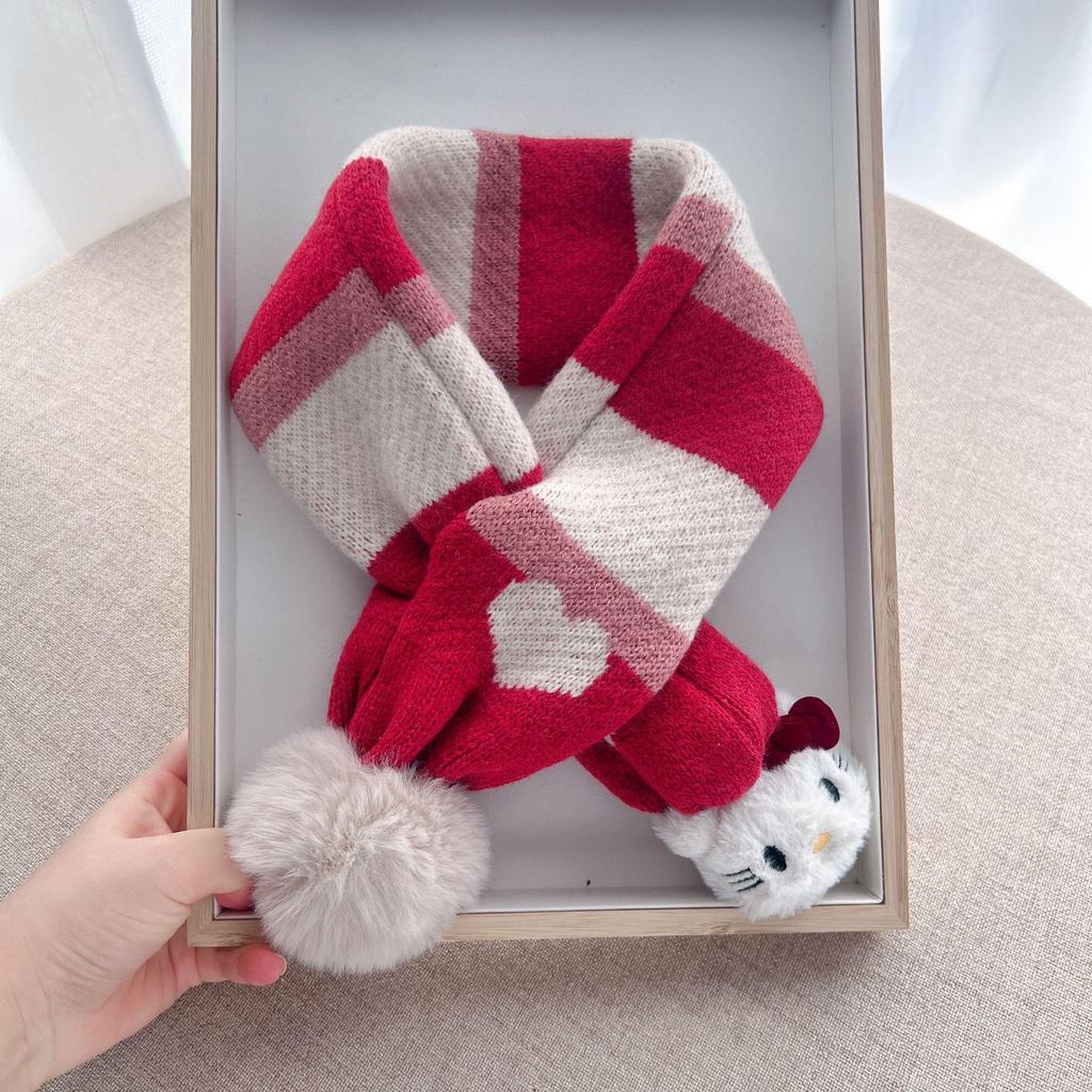 KT Kids' Red Heart Pom-Pom Scarf: Windproof, Warm, and Cute for Autumn/Winter Neck Protection