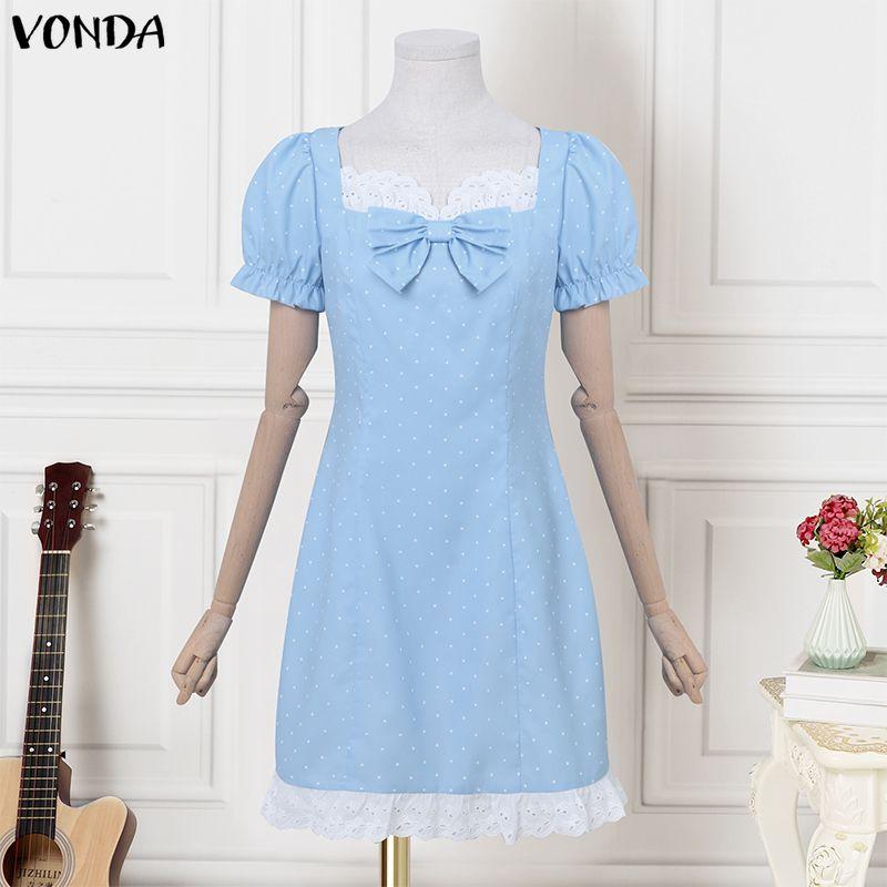 VONDA Женское повседневное мини-платье с квадратным вырезом, короткими рукавами-буфами, бантом и принтом в горошек