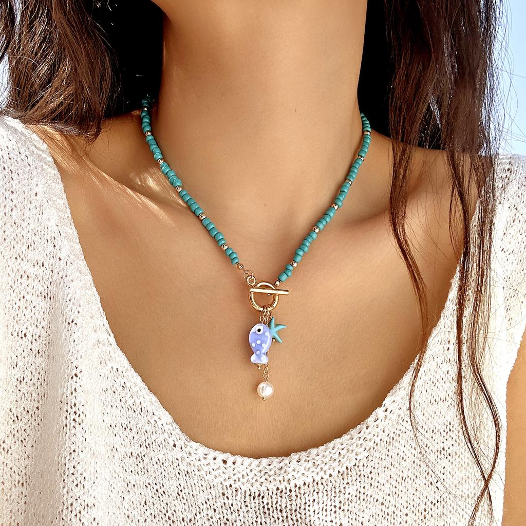 Charm Ocean Starfish OT Buckle Pendant Necklace for Women Handmade Rice Beads Ceramic Fish Choker Necklace Girls Party Jewelry