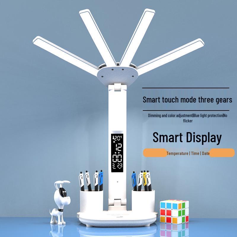 Dual-Head Eye-Care Desk Lamp with Pen Holder and Anti-Blue Light for Student and Bedroom Use