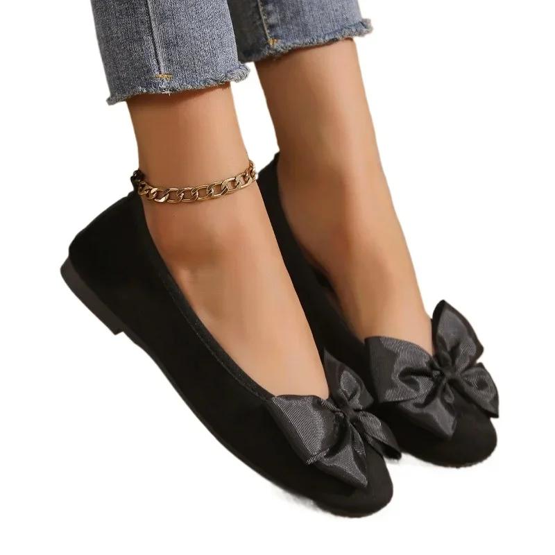 Женская обувь по акции 2025 года, базовые женские туфли на плоской подошве с завязками-бабочками, с круглым носком, повседневные женские туфли без застежек на мягкой подошве
