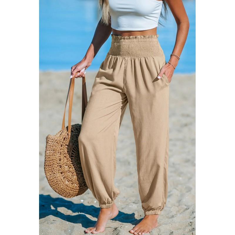2026 High Waist Elastic Lantern Pants Women Solid Loose Cuffed Casual Long Beach Trousers
