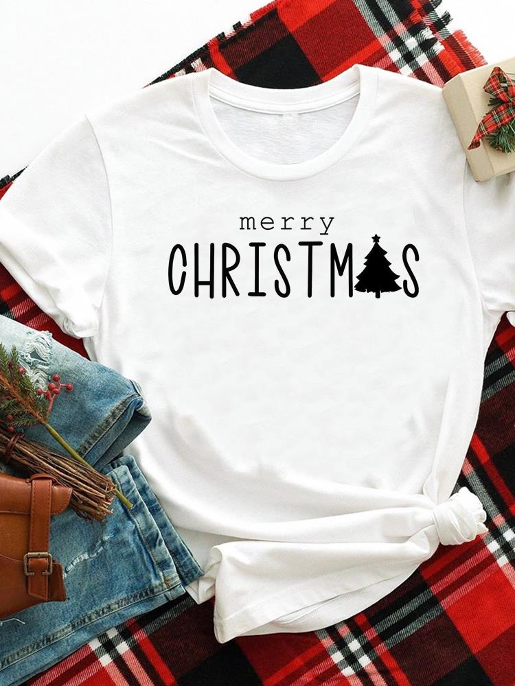 (Asian Size) Merry Christmas New Year O-neck Women's Top T Clothing Lovely Tree Trend 90s Print Short Sleeve T-shirts Fashion Holiday Graphic Tee