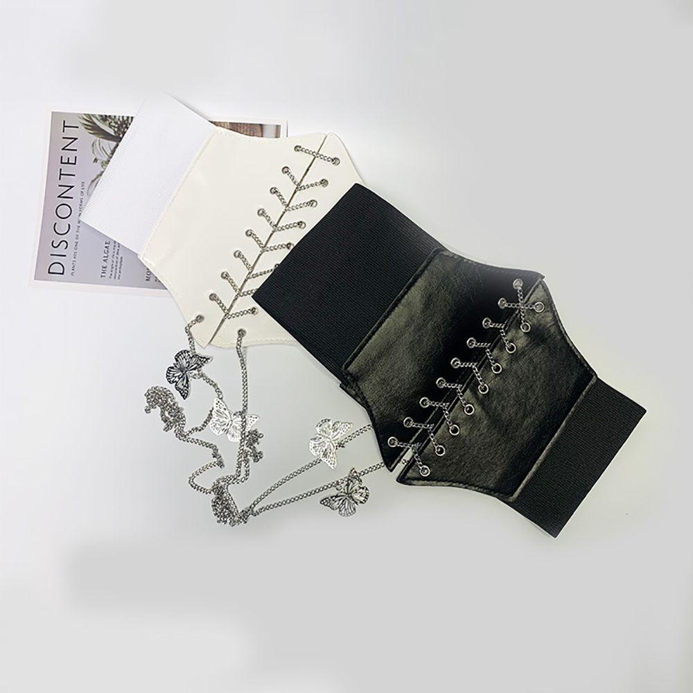 Female Korean Dress PU Leather High Waist Cummerbunds Waist Belt Female Waistband Butterfly Chain