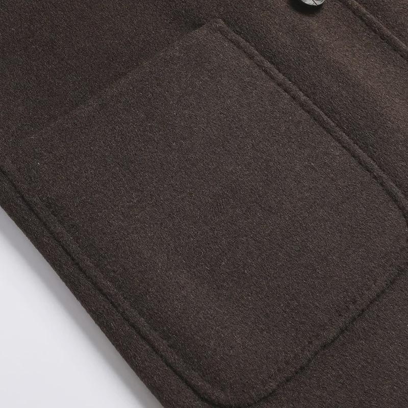 Мужское шерстяное пальто средней длины с капюшоном и большими карманами, осень/зима 2023 года, двухстороннее, ручной работы.