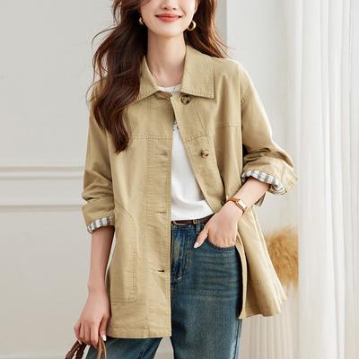 Ретро Американское Пальто-Тренч с Лацканами и Длинными Рукавами Женское Весеннее Повседневное Простое Пальто