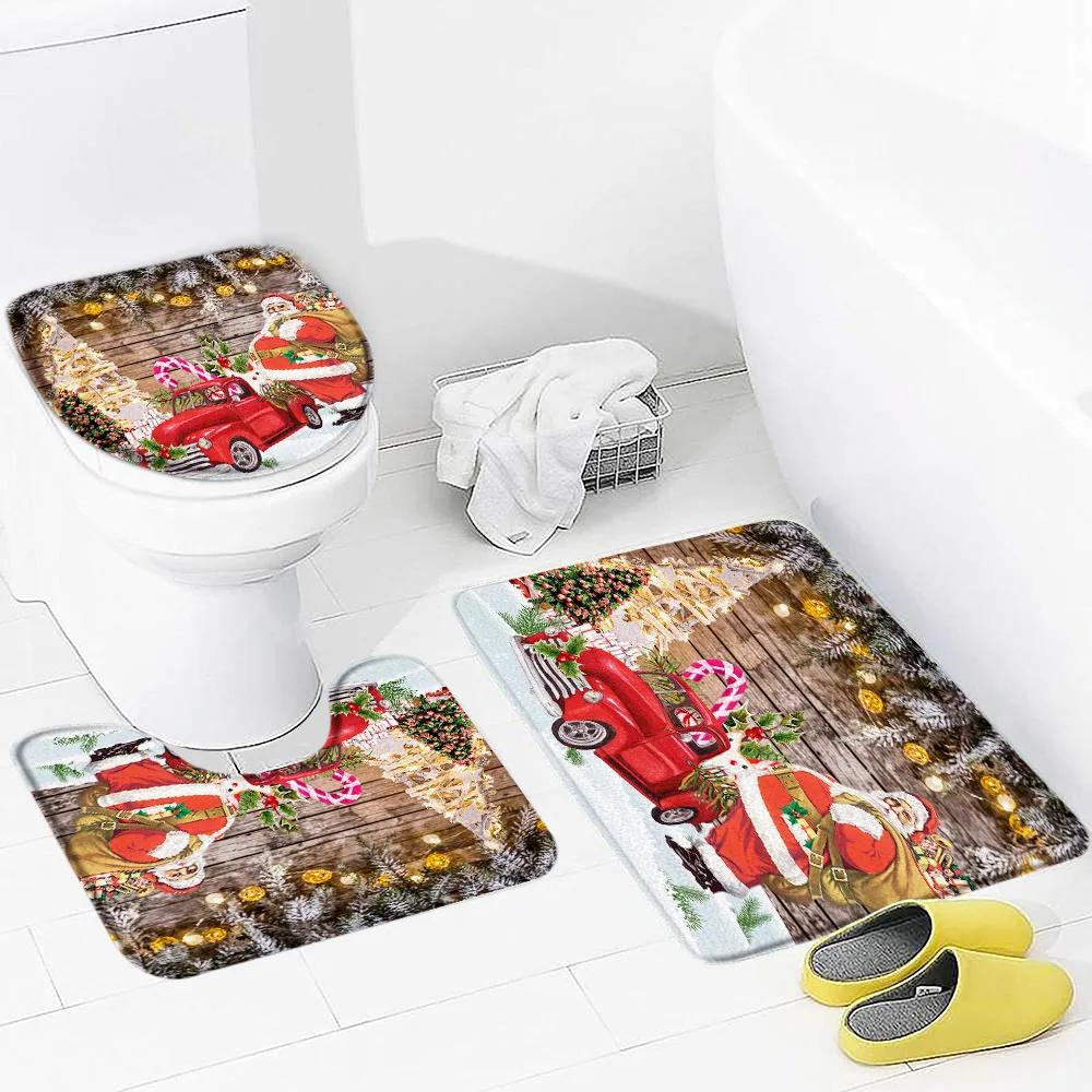 Merry Christmas Bath Mat Santa Claus Snowman Christmas Tree Ball Winter Xmas Holiday Red Non-Slip Flannel Bathroom Rug Carpet