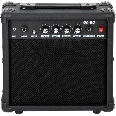 Усилитель для электрогитары, усилитель мощностью 20 Вт со встроенным динамиком 6,5 дюйма, разъемом для наушников и дополнительным входным разъемом. Регуляторы басов, громкости, высоких частот и усиления.