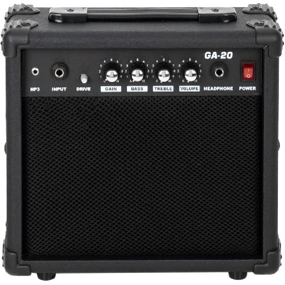 Усилитель для электрогитары, усилитель мощностью 20 Вт со встроенным динамиком 6,5 дюйма, разъемом для наушников и дополнительным входным разъемом. Регуляторы басов, громкости, высоких частот и усиления.