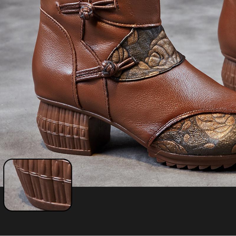 Johnature Женские короткие сапоги из натуральной кожи в этническом стиле с принтом в стиле ретро, ​​универсальные удобные туфли на толстом каблуке