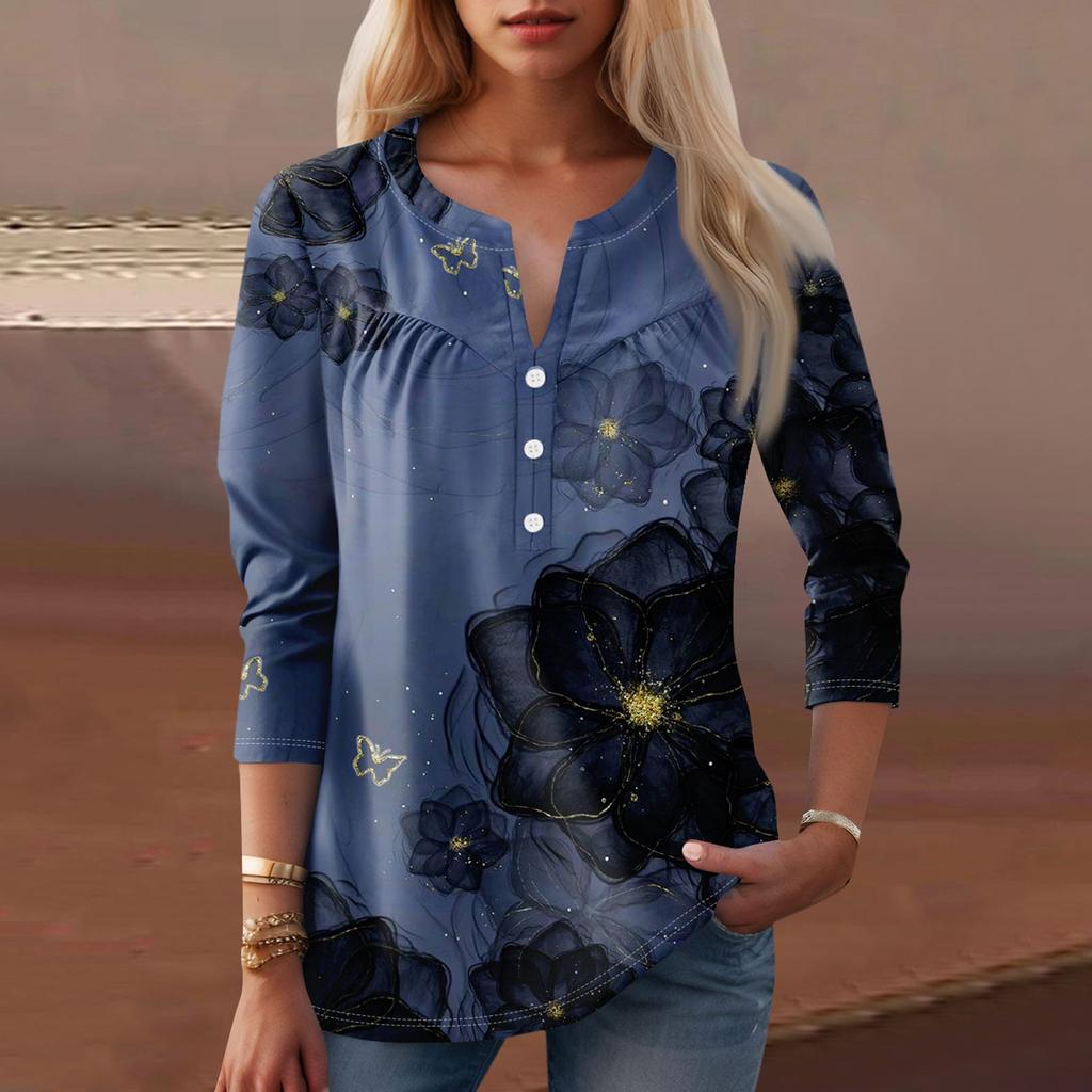 Женская мода повседневный топ с длинным рукавом и круглым вырезом с цветочным принтом