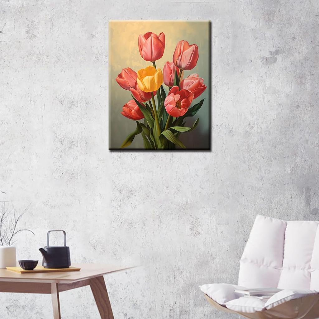 Tulip DIY Paint by Numbers for Adults Flower Leaves DIY Digital Oil Painting Acrylic Paint Leisurely Painting Kits Canvas Wall Art Colorful Flower