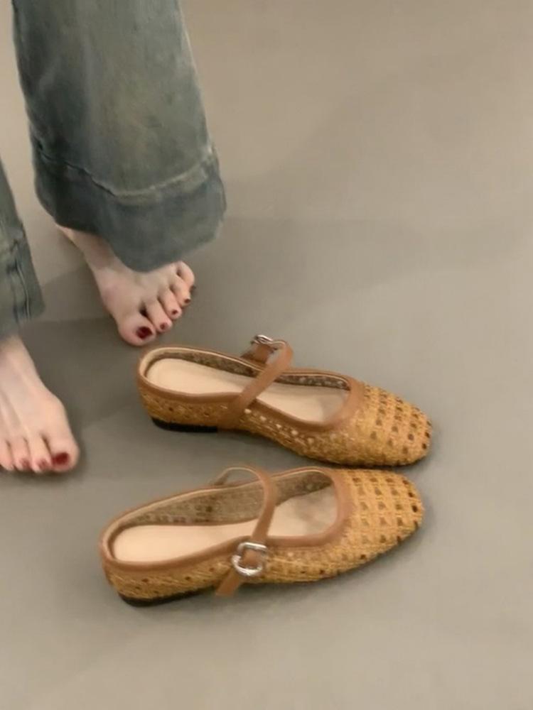 Винтажные плетеные туфли с полым верхом на толстом каблуке, полушлепанцы Мюли Мэри Джейн