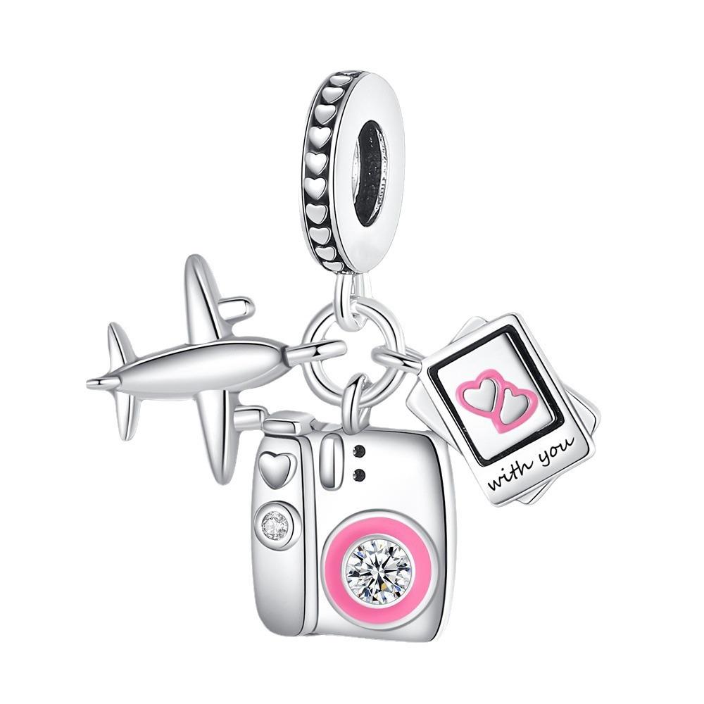 925 Silver Charm Beads Travel Theme Airplane Camera DIY Bracelet Jewelry Accessories