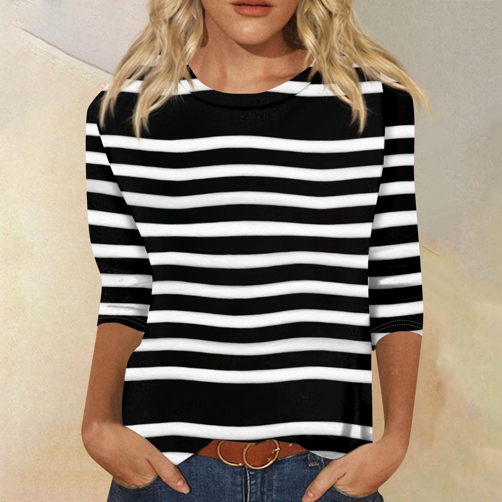 Женская модная повседневная футболка с круглым вырезом, рукавом три четверти, в полоску с принтом