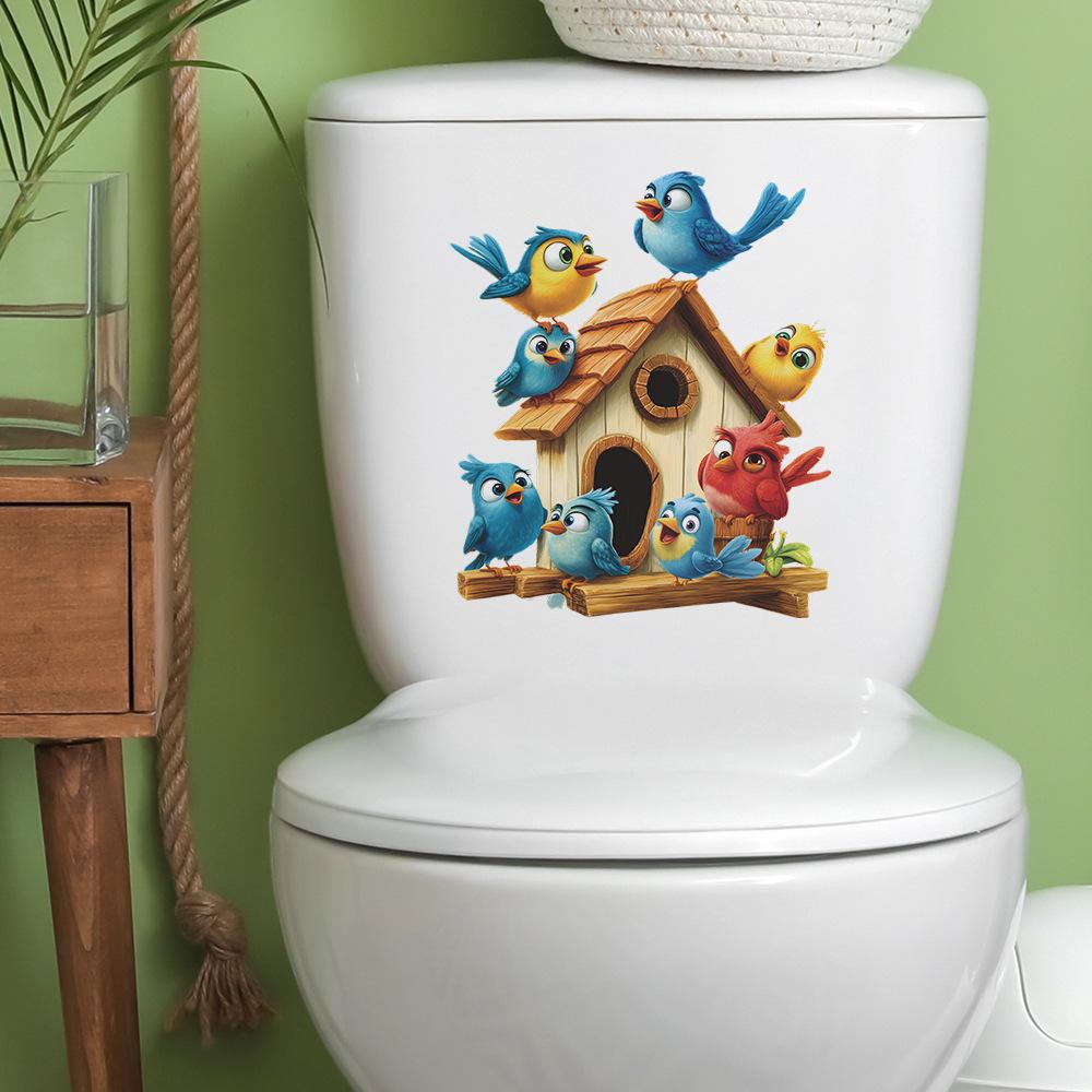 Cartoon Birdhouse with Birds Toilet Seat Sticker Bathroom Decor Nature Themed Removable Decal