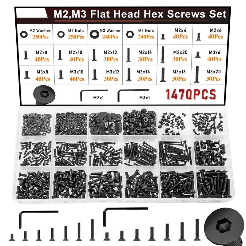 1470pcs M2 M3 M4 Flat Head Hex Screws Set,Metric Machine Screw Assortment With Wrench