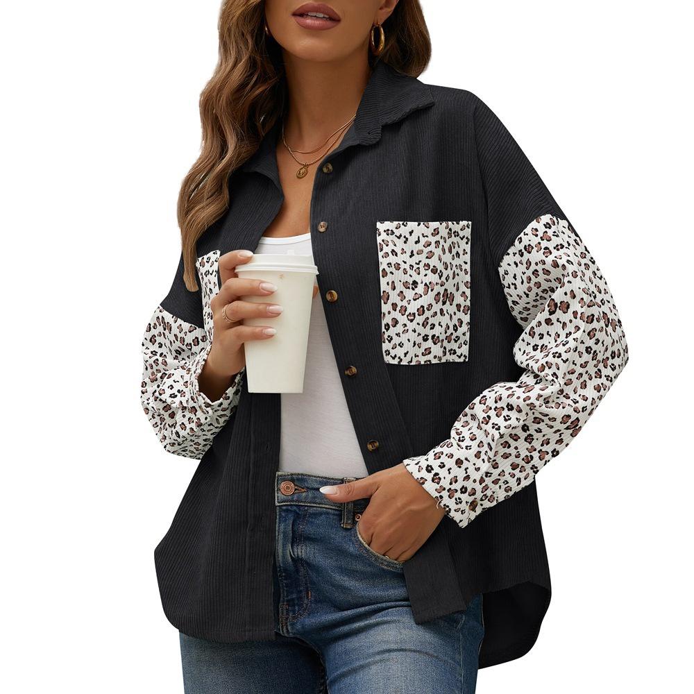 Winter Corduroy Coat Leopard Print Casual Lapel Buttoned Shirt Women Outerwear