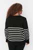 Women's Fashion Stylish Plus Size Sweater Black Striped Crew Neck Knitwear Sweater