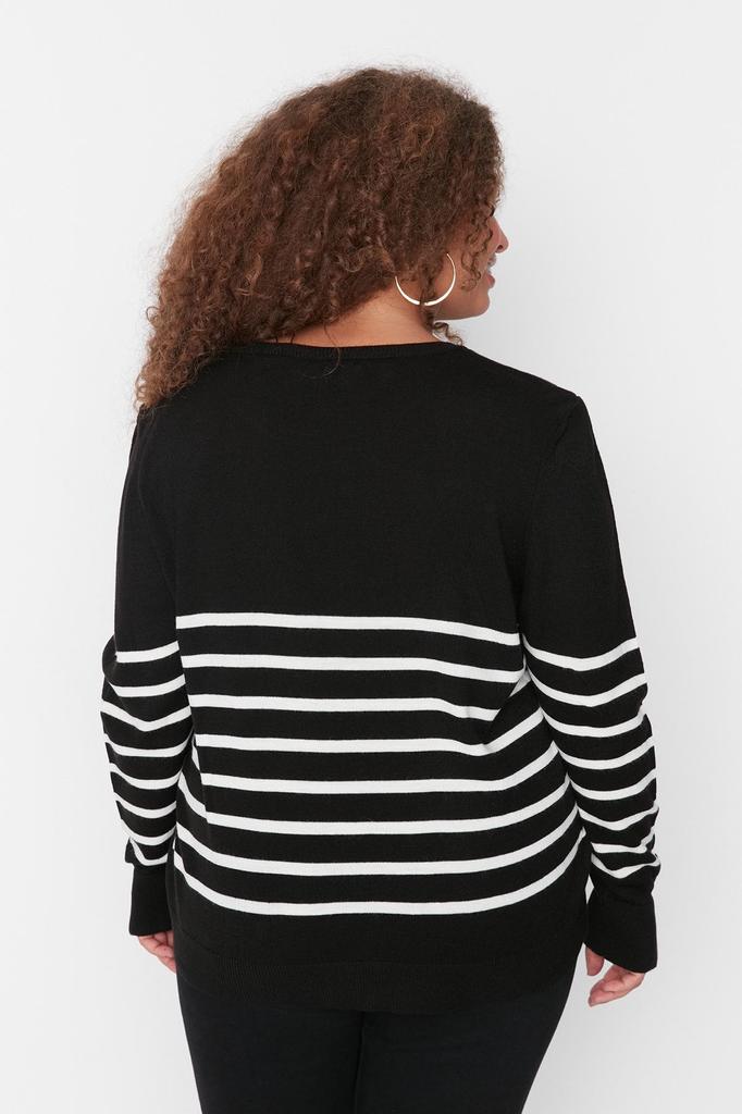 Women's Fashion Stylish Plus Size Sweater Black Striped Crew Neck Knitwear Sweater