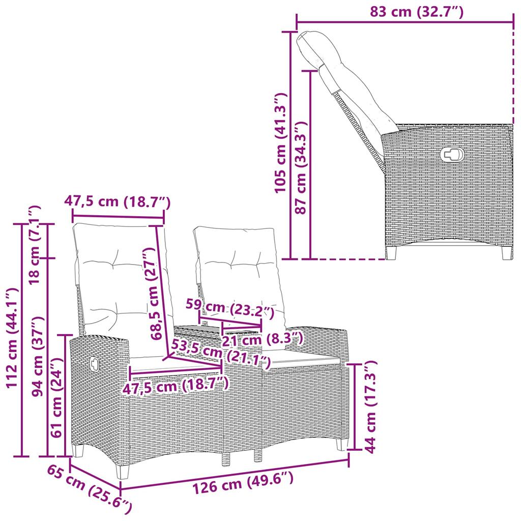 Liege Bank with Table Black 126 x 65 x 112 cm Poly Rattan