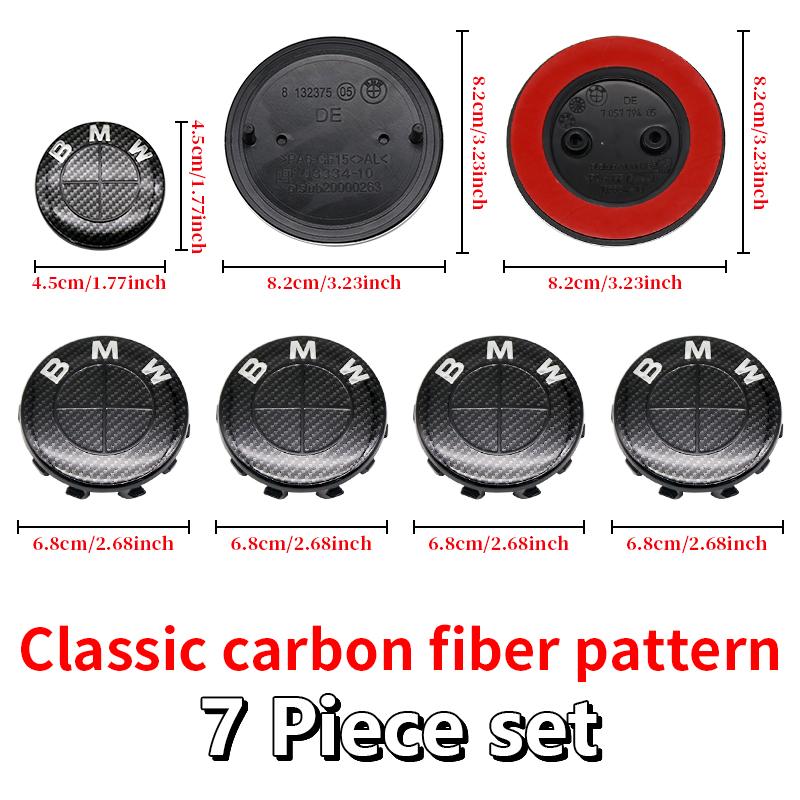 BBJX7 7Pcs Full Black Carbon Fiber Pattern Emblem Set for BMW Hood Trunk Wheel Steering Badge 82mm 74mm 68mm 56mm E90 F10 F30 Tuning