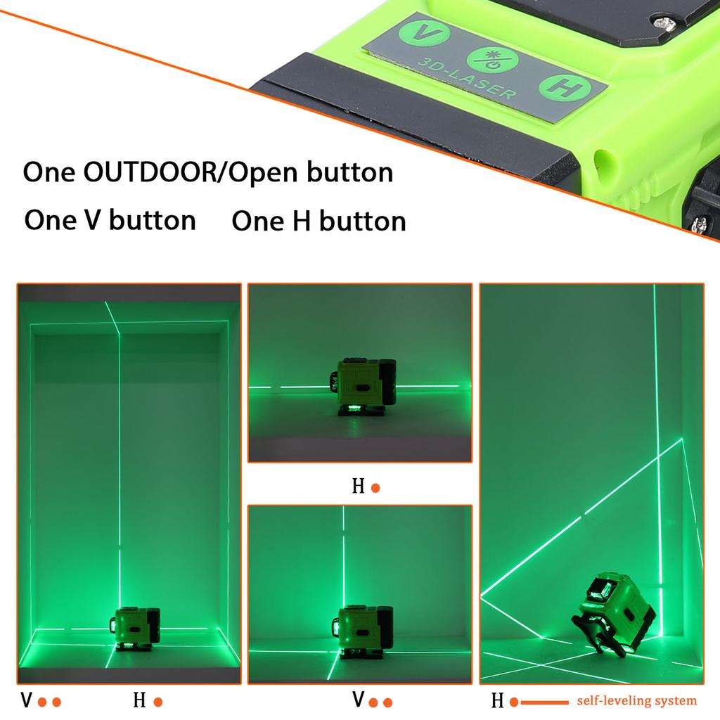 Многофункциональный лазерный уровень с зеленым лучом, 12 линий, 3 градуса, самовыравнивающийся, аккумуляторный, литиевая батарея, нивелирование