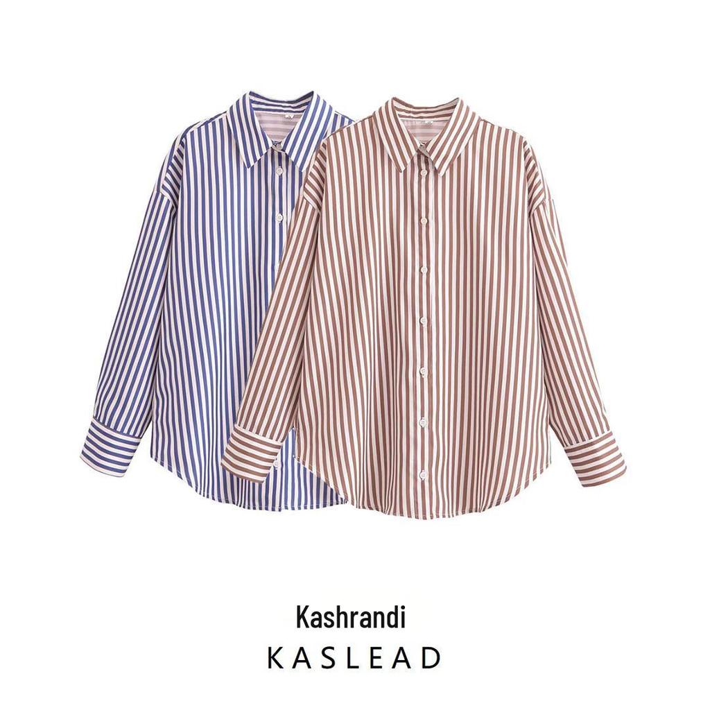 2025 Spring Women's Metallic Thread Striped Long Sleeve Shirt with Turn-Down Collar, European & American Style.