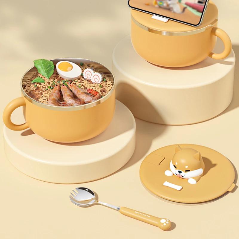 Большая емкость из нержавеющей стали для лапши быстрого приготовления с ручкой-вилкой, миска для фруктового салата, супа, кухонные принадлежности, столовые приборы