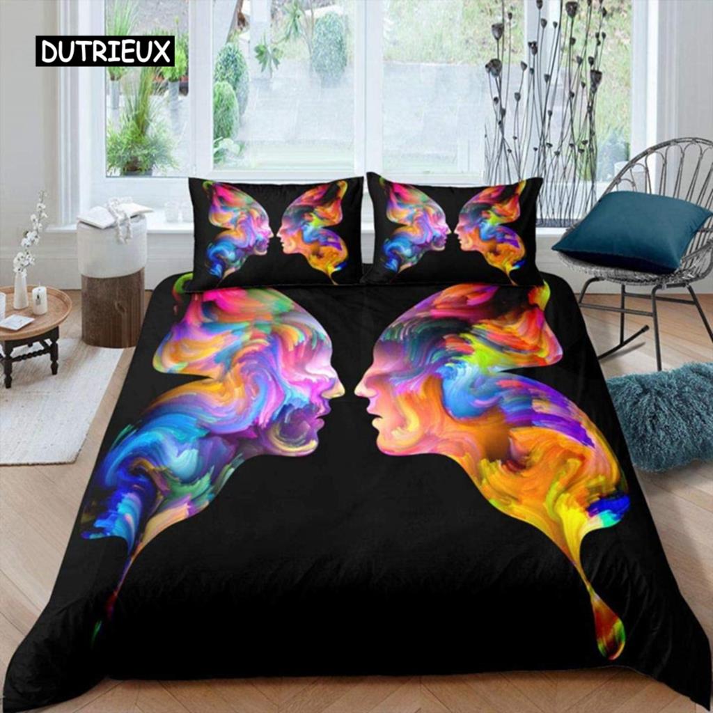 Пододеяльник с абстрактным человеческим лицом, двуспальный, двуспальный, из микрофибры, мистический рисунок, комплект постельного белья с психоделическим граффити