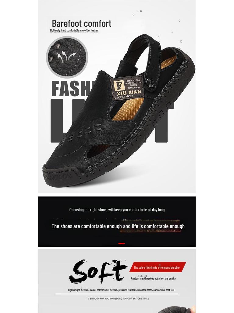 Мужские сандалии Baotou из натуральной кожи Cross-Border: Нескользящая обувь с мягкой подошвой, двойного назначения: для отдыха на природе и повседневного отдыха на пляже.