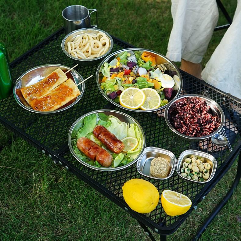 17-Piece Stainless Steel Outdoor Dinnerware Set: Portable BBQ and Camping Cutlery with Plates, Bowls, and Soup Basin.