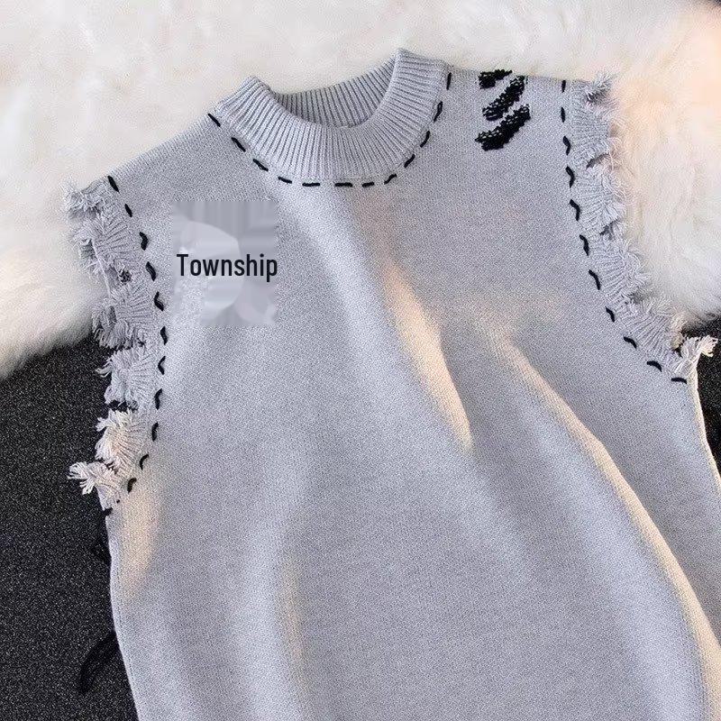 2023 Осень Мужской Уличный Потертый Необработанный Край Трикотажный Жилет Свитер