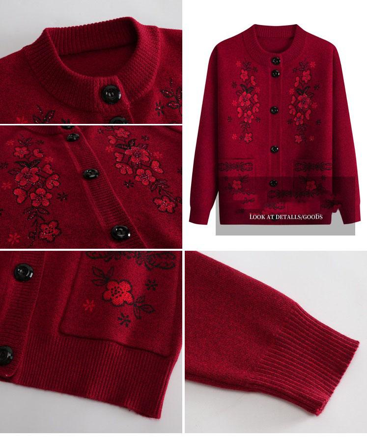 Spring and Autumn Fashion Mother's Wear Flower Embroidered Knit Sweater Temperament Elegant Elderly Clothes