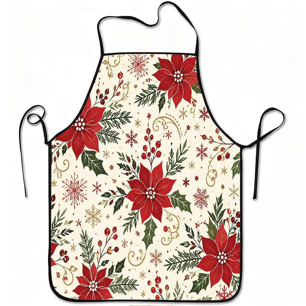 1pc Festive Poinsettia Print Apron, Durable and Easy to Clean, Adjustable Waistband, Polyester Material, for Kitchen Cooking, Gardening, Orchard Picki