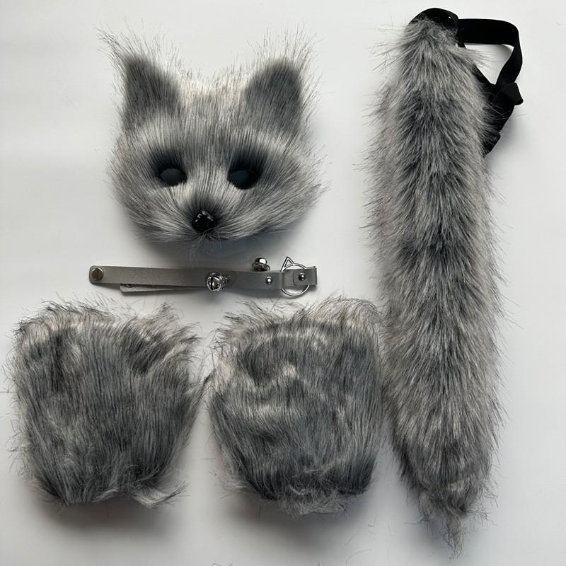 Halloween Costume Set Fox Mask Gloves Plush Tail Handmade Animal Cosplay Accessory Party
