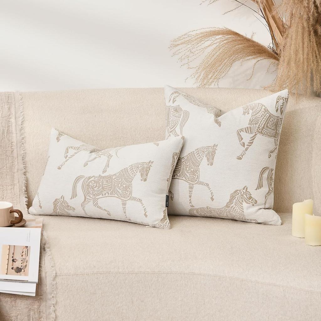 Lumbar Pillow Covers 12x20 inches, Double Sided Horse Pattern Chenille Jacquard Embroidered Decorative Throw Pillows Cover, Luxury Couch Cushion