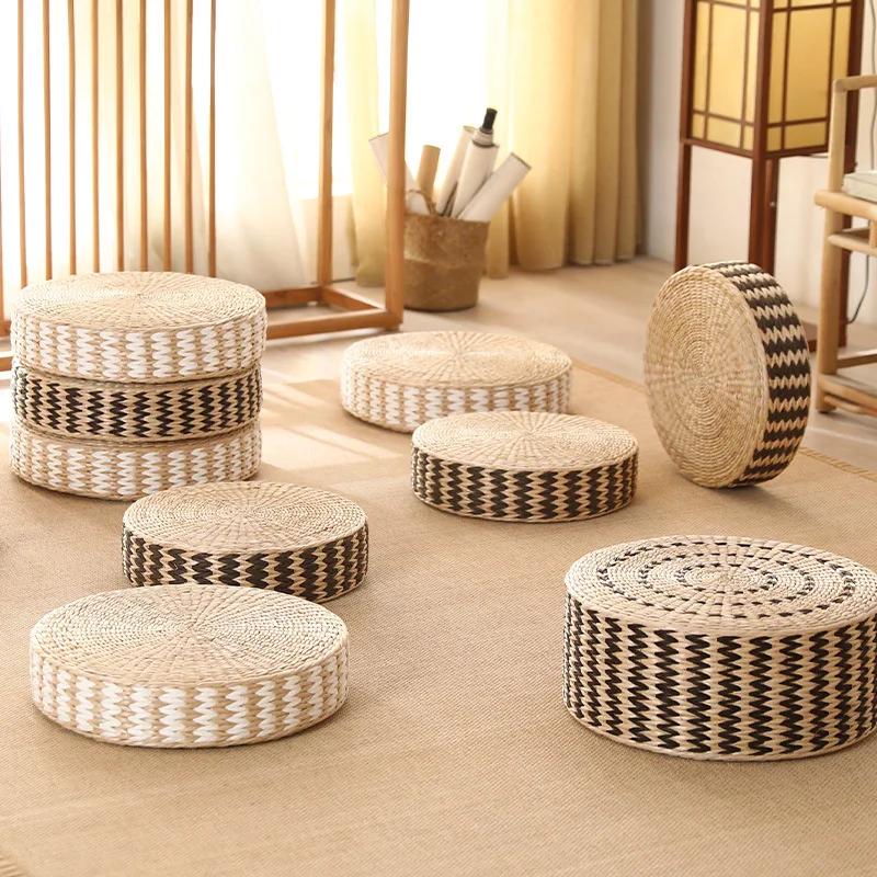 40/45cm Japanese Woven Straw Pouf Tatami Cushion Round Zafu Floor Cushion Meditation Yoga Seat Mat Pastoral Thick Ottoman Stool
