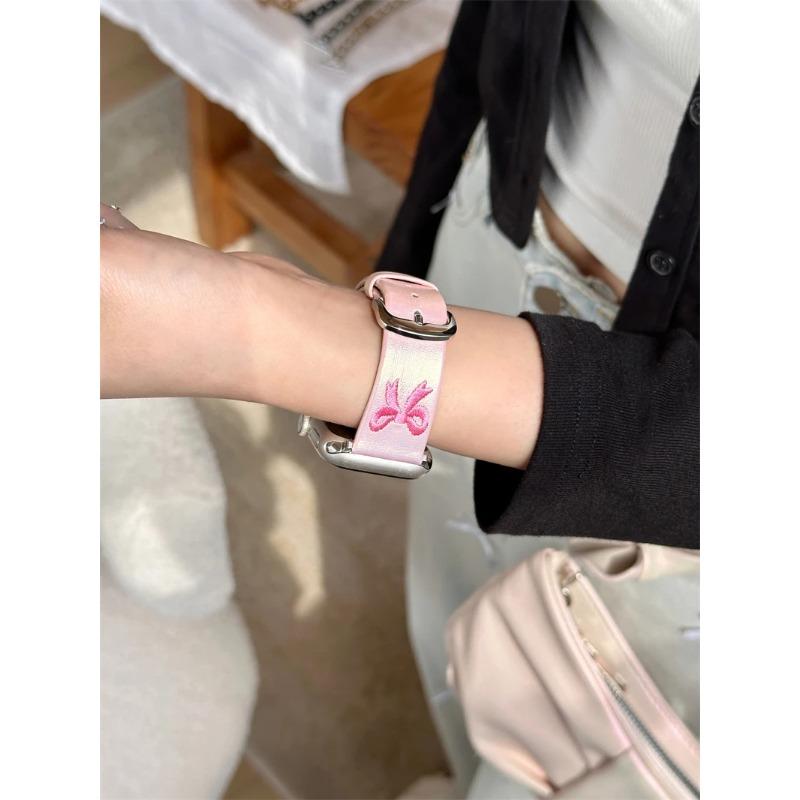 Ремешок для часов с милой вышивкой бантом Aurora кожаный ремешок для Apple Watch ремешок 8 49 9 7 SE 6 для iWatch 45 42 44 40 MM Girl Lovely Bracelet