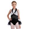 Girls Dance Costume Turn-Down Collar Sleeveless Sheer Mesh Keyhole Back Shiny Sequins Feather