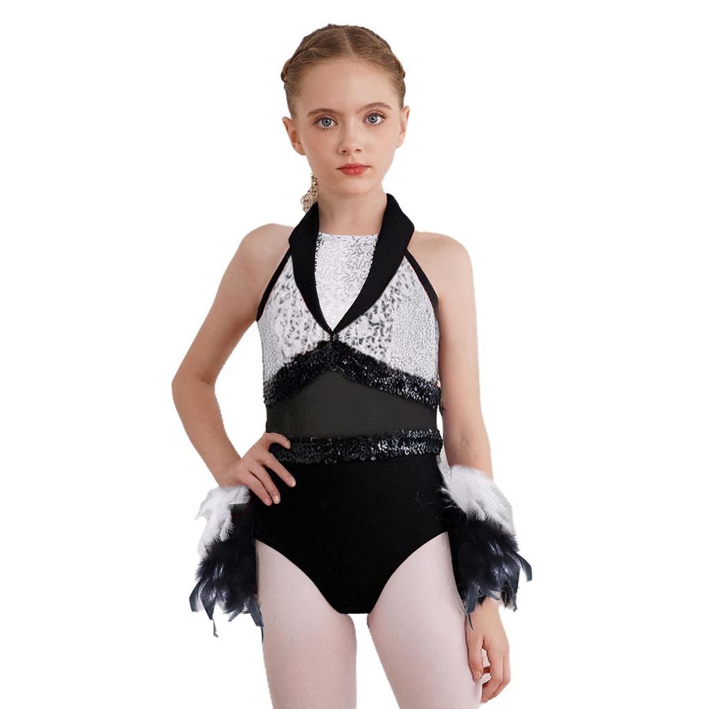 Girls Dance Costume Turn-Down Collar Sleeveless Sheer Mesh Keyhole Back Shiny Sequins Feather
